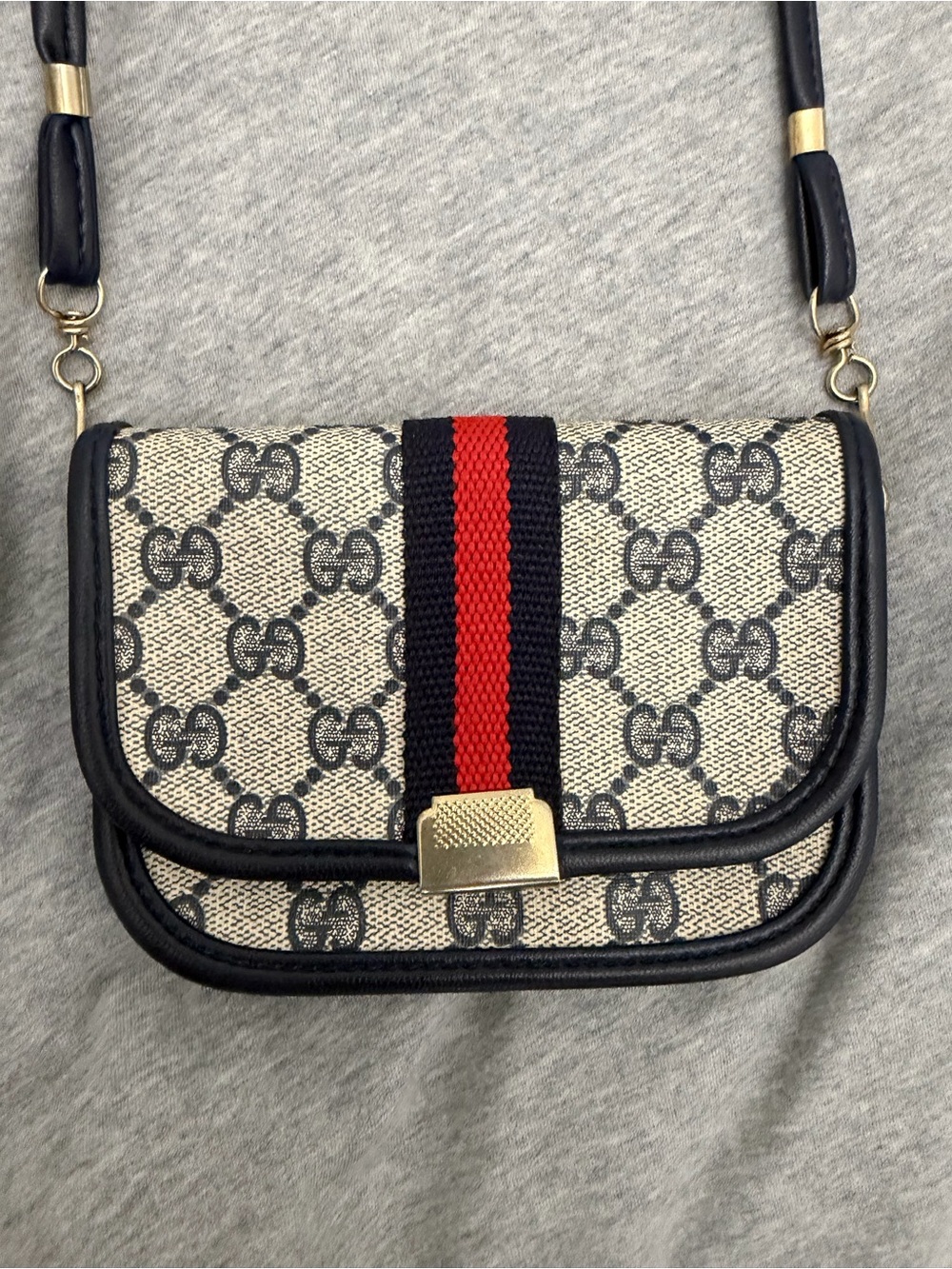 Gucci Beige Monogram Canvas Crossbody Bag with Red & Navy Stripe